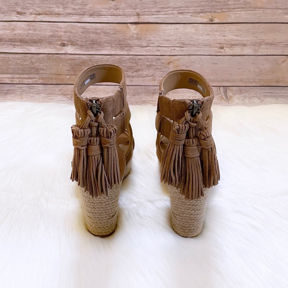 UGG Tan Suede Espadrille Wedge Sandals with Tassel - Picture 6 of 8